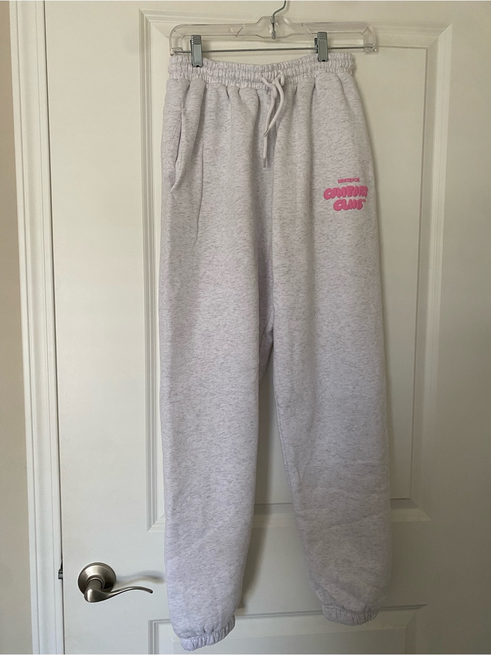 White Fox Boutique Light Gray Sweatpants with Pink Logo - Picture 3 of 5